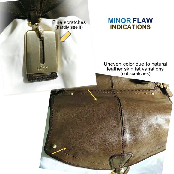 HUGO BOSS Dark Brown Genuine Leather Satchel Handbag Carry Flap Top Dual Handles - Picture 12 of 12